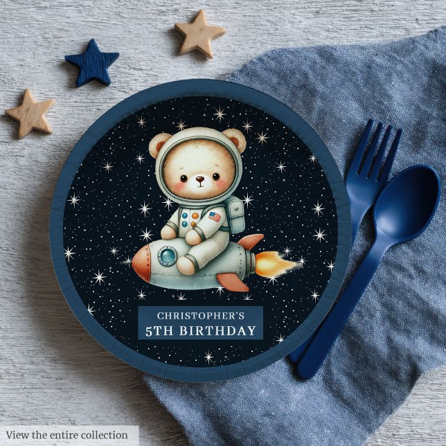 Assiettes En Carton Teddy Bear Astronaut Baby Boy Birthday Custom (Teddy Bear Astronaut Baby Boy Birthday Custom Paper Plates)