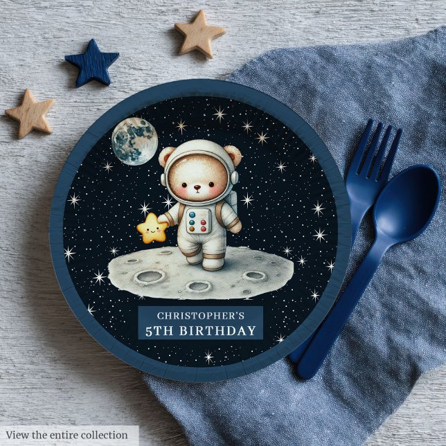 Assiettes En Carton Teddy Bear Astronaut Baby Boy Douche Plaques perso (Teddy Bear Astronaut Baby Boy Shower Custom Plates)