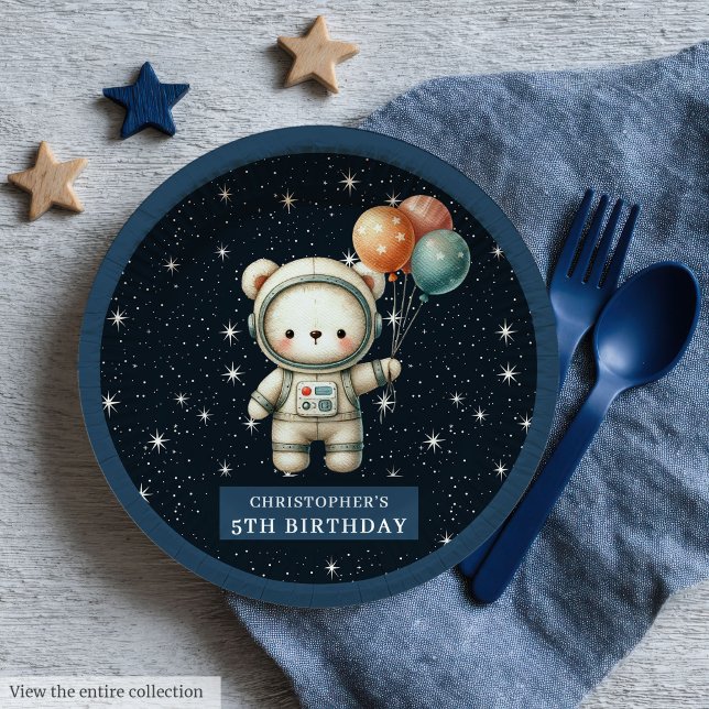 Assiettes En Carton Teddy Bear Astronaut Douche Plaques en papier Baby (Teddy Bear Astronaut Shower Paper Plates Baby Boy)