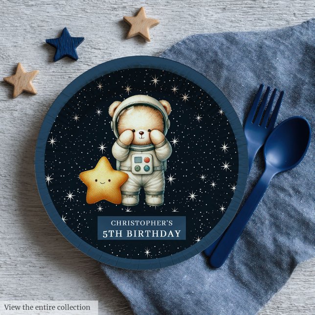Assiettes En Carton Teddy Bear Astronaut fête d'anniversaire personnal (Teddy Bear Astronaut Birthday Party Personalized Paper Plates)