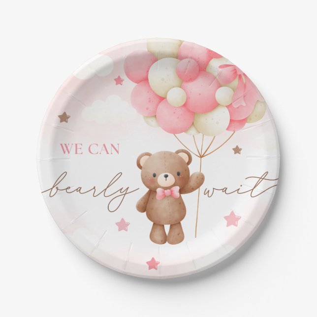 Assiettes En Carton Teddy Bear Balloon Girl Baby shower Plaques en pap (Devant)