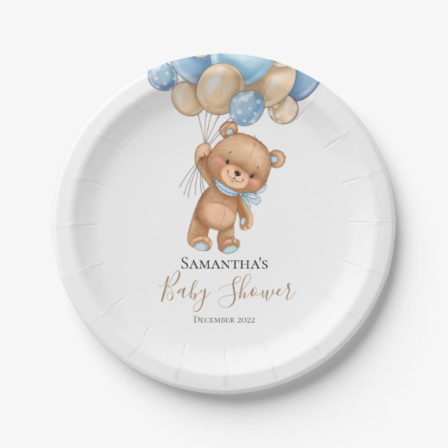 Assiettes En Carton Teddy Bear Balloon Plaques en papier bleu (Devant)