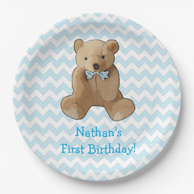 Assiettes En Carton Teddy Bear Bleu et Blanc Stripté Party Plaque (Devant)