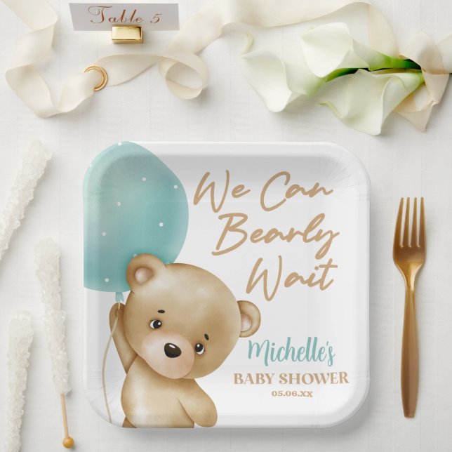 Assiettes En Carton Teddy Bear Bleu Nous Pouvons Bearly Wait Baby show (Mariage)