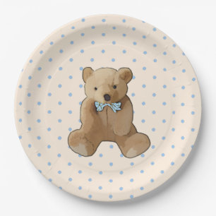 Assiettes En Carton Teddy Bear Blue et Tan Polka Dotée Party Plaque