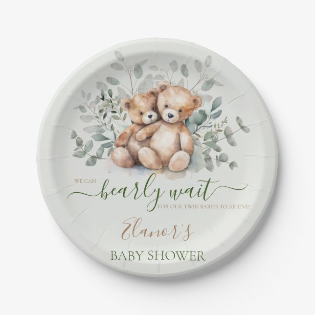 Assiettes En Carton Teddy Bear Boho Twins Genre Neutre Baby shower (Devant)