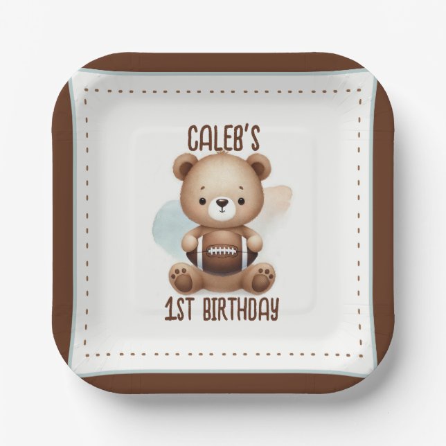 Assiettes En Carton Teddy Bear Football Aquarelle 1ère fête d'annivers (Recto)