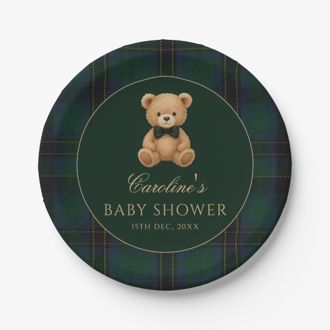 Assiettes En Carton Teddy Bear Green Tartan Baby Shower Paper Plates (Devant)