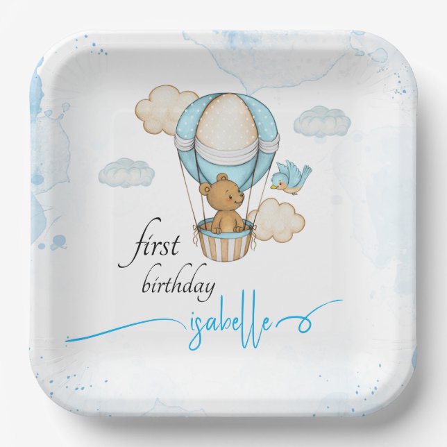 Assiettes En Carton Teddy Bear Hot Air Balloon fille anniversaire (Recto)