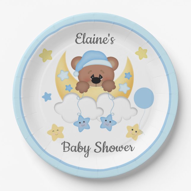 Assiettes En Carton Teddy Bear Lune Nuages Stars Baby Boy Douche (Devant)
