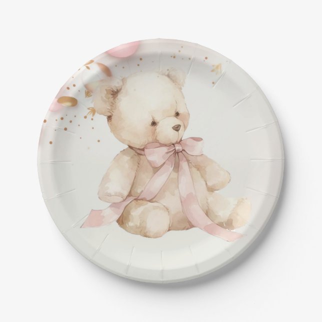 Assiettes En Carton Teddy Bear Pink Champagne Gold Party Plates (Devant)