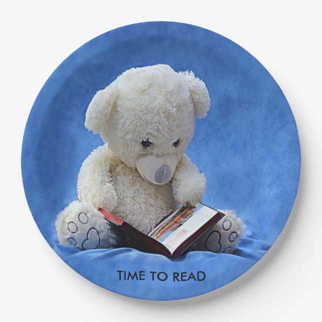 Assiettes En Carton Teddy Bear Time to Read Blue Stuffed Animal, ZKOA (Devant)