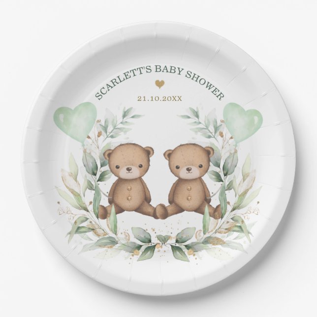 Assiettes En Carton Teddy Bear Twins Baby shower de ballons verts (Devant)