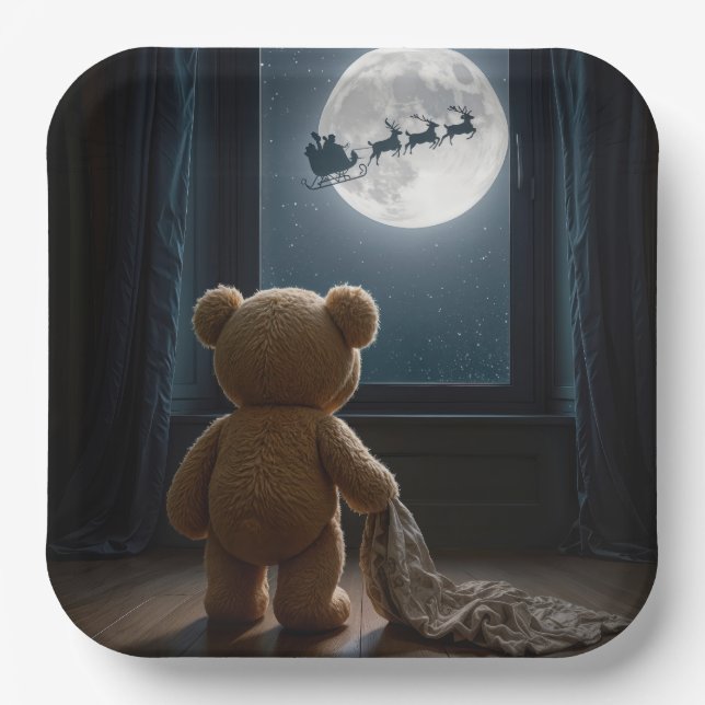 Assiettes En Carton Teddy Bear Watching Santa Claus and Reindeer (Recto)