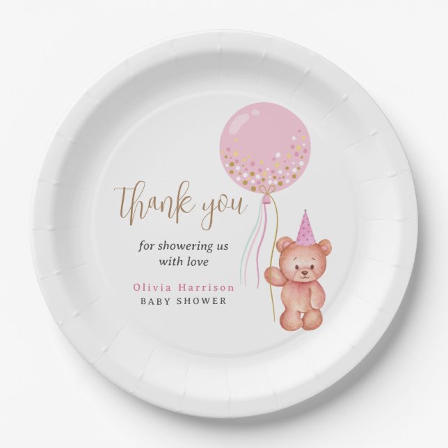 Assiettes En Carton Teddy ours rose Balloon fille Baby shower Merci (Devant)