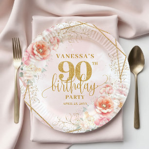 Assiettes En Carton Tendance Rose Pâle Floral Or 90e Anniversaire