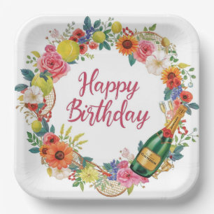Assiettes En Carton Tennis Anniversaire avec Fleurs et boule aquarelle