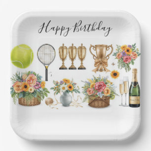 Assiettes En Carton Tennis Anniversaire avec Fleurs et boule aquarelle
