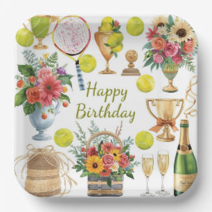 Assiettes En Carton Tennis Anniversaire avec Fleurs et boule aquarelle