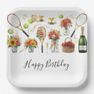 Assiettes En Carton Tennis Anniversaire avec Fleurs et boule aquarelle