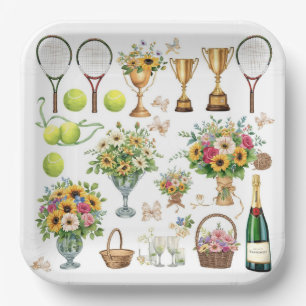 Assiettes En Carton Tennis Anniversaire avec Fleurs et boule aquarelle