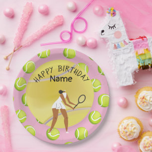 Assiettes En Carton Tennis Anniversaire avec joueur de tennis sur rose