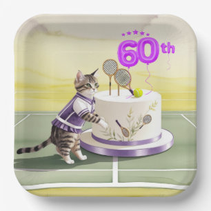Assiettes En Carton Tennis Cat 60e fête d'anniversaire avec gâteau