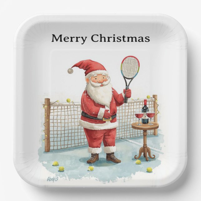 Assiettes En Carton Tennis Noël thème PÈRE NOËL jouer au tennis (Recto)