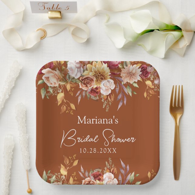 Assiettes En Carton Terracotta Fall Fête des mariées florale (Mariage)