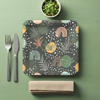 Assiettes En Carton Terrazzo Abstrait Moderne & Collage Botanique