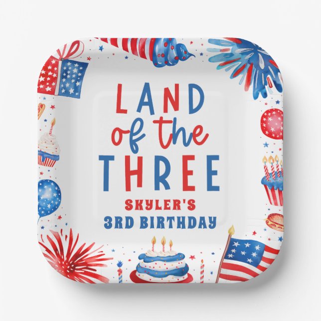 Assiettes En Carton Terre Des Trois 4 juillet 3e Fête D'Anniversaire (Recto)