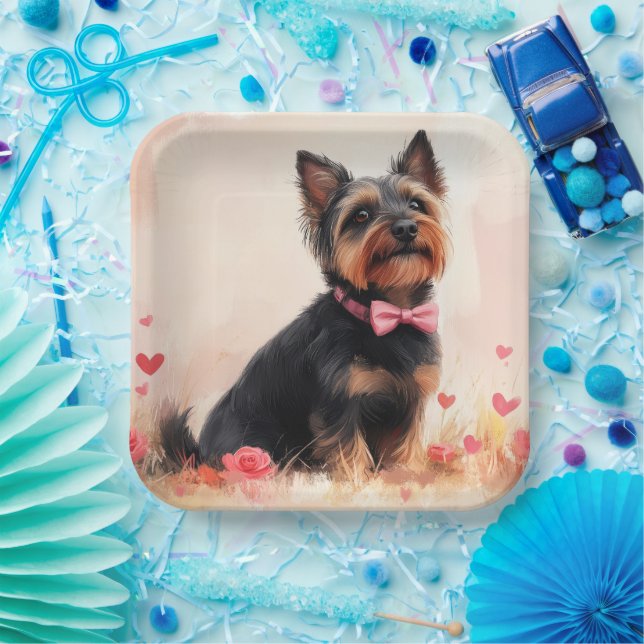 Assiettes En Carton Terrier australien avec Rose - Saint Valentin (Fête)