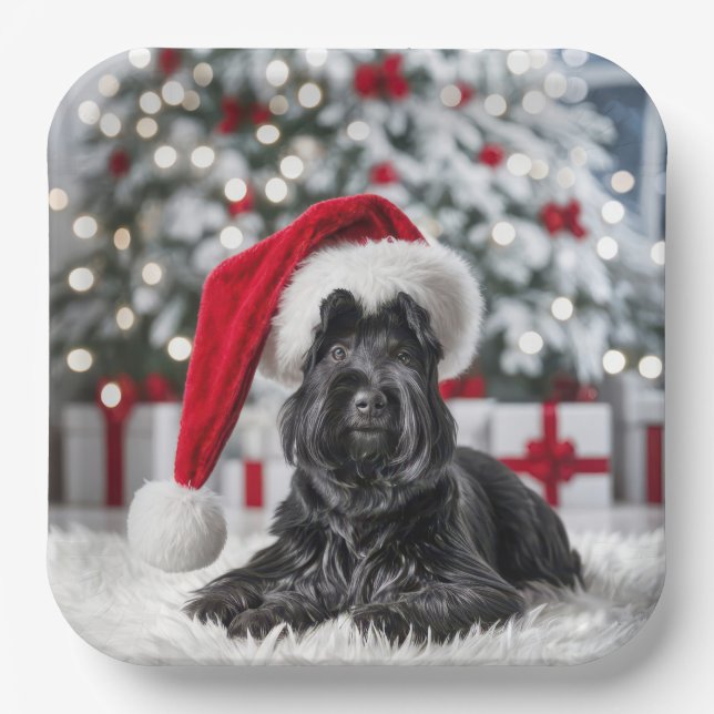 Assiettes En Carton Terrier écossais de Noël sur un tapis blanc (Recto)