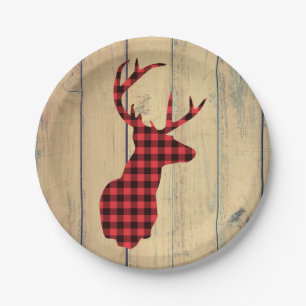 Assiettes En Carton Tête de cerf avec Antlers - Red Plaid Rustic