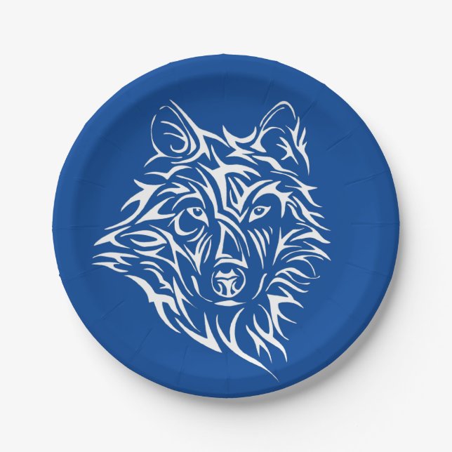 Assiettes En Carton Tête de loup blanc sur bleu (Devant)