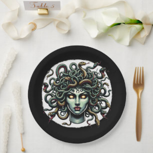 Assiettes En Carton Tête de Méduse verte contemplative pleine de Serpe