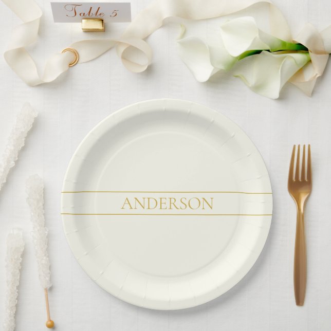 Assiettes En Carton Texte personnalisable simple et élégant | Or blanc (Mariage)