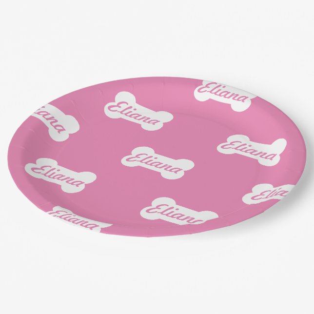 Assiettes En Carton Texte personnalisé de l'os de chien rose (Angle)