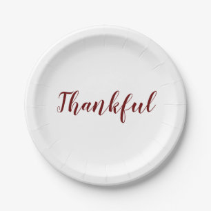 Assiettes En Carton Thankful burgundy maroon blanc script grâces