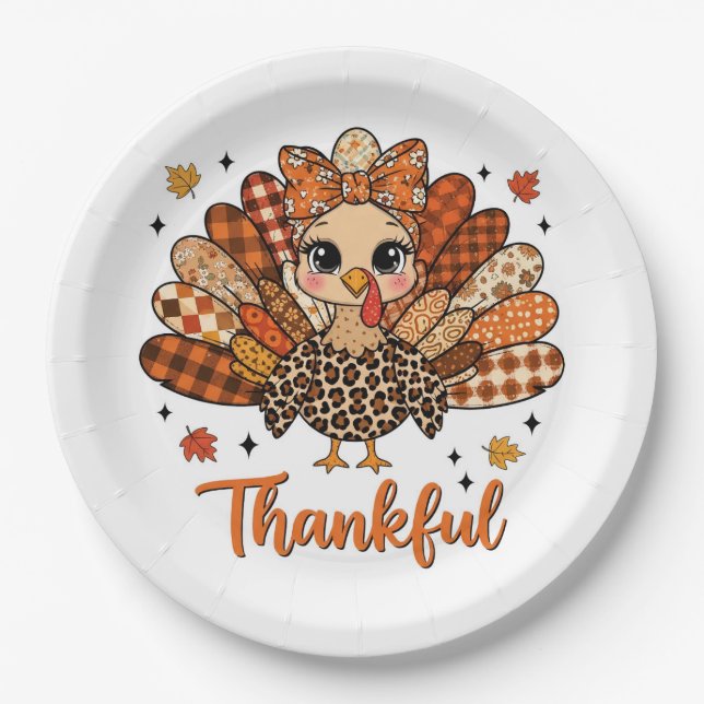 Assiettes En Carton Thankful Turkey with Autumn Patchwork Feathers (Devant)