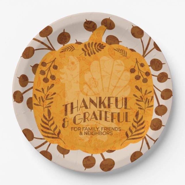 Assiettes En Carton Thanksgiving Thankful Turquie Citrouille vert (Devant)