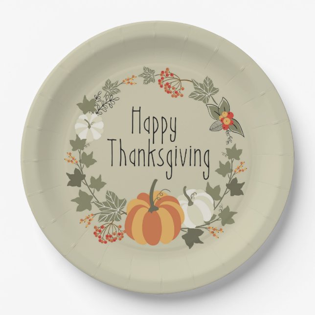 Assiettes En Carton Thanksgiving Wreath avec plaque de papier Citrouil (Devant)