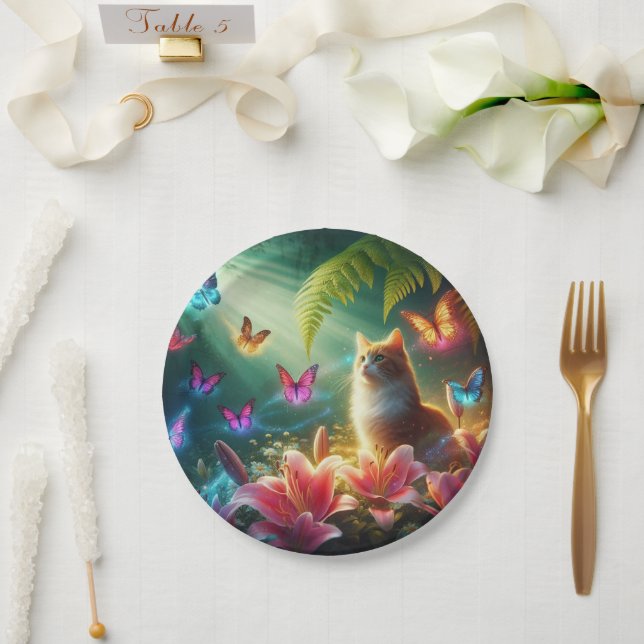 Assiettes En Carton The Curious Cat & Her Butterflies (Mariage)