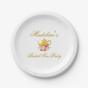 Assiettes En Carton Thé rose floral de Fête de la mariée d'or