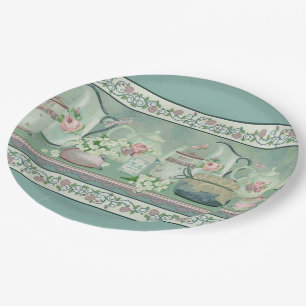 Assiettes En Carton Thé Turquoise vintage et Plaques Roses