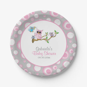 Assiettes En Carton Thème Baby shower de la chouette des bébés rose et