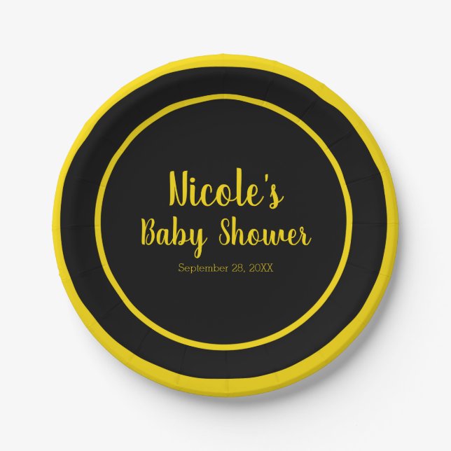 Assiettes En Carton Thème de Baby Shower Abeille Noir et Jaune (Devant)