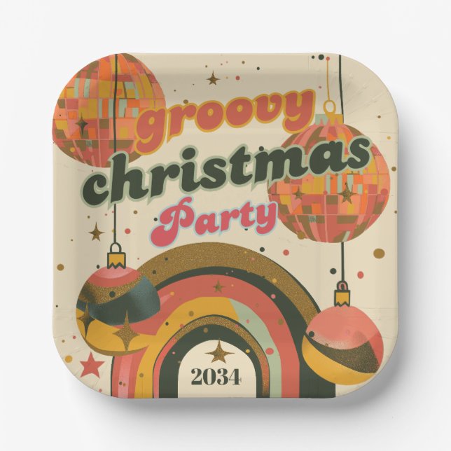 Assiettes En Carton Thème de la fête de Noël super Retro 70 (Recto)