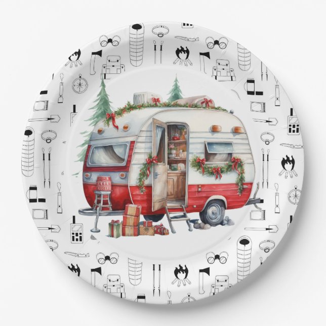 Assiettes En Carton Thème de Noël du camping (Devant)