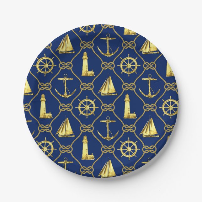 Assiettes En Carton Thème nautique Marine Blue Gold Ancre Phare (Devant)